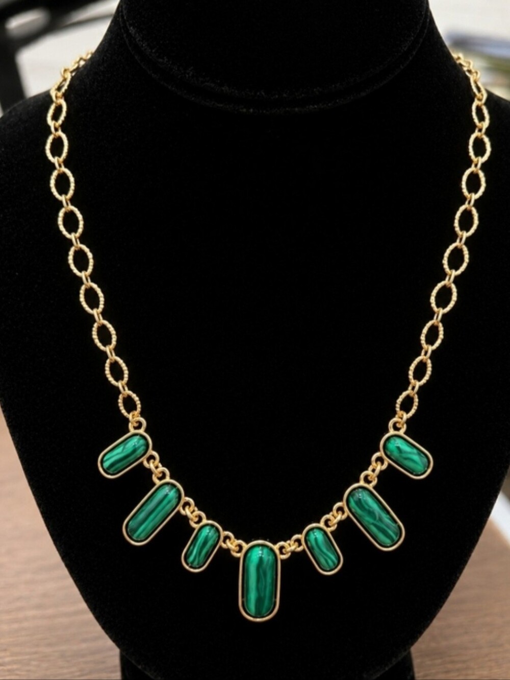 Gold Chain Necklace with Dark Green Stone Charms